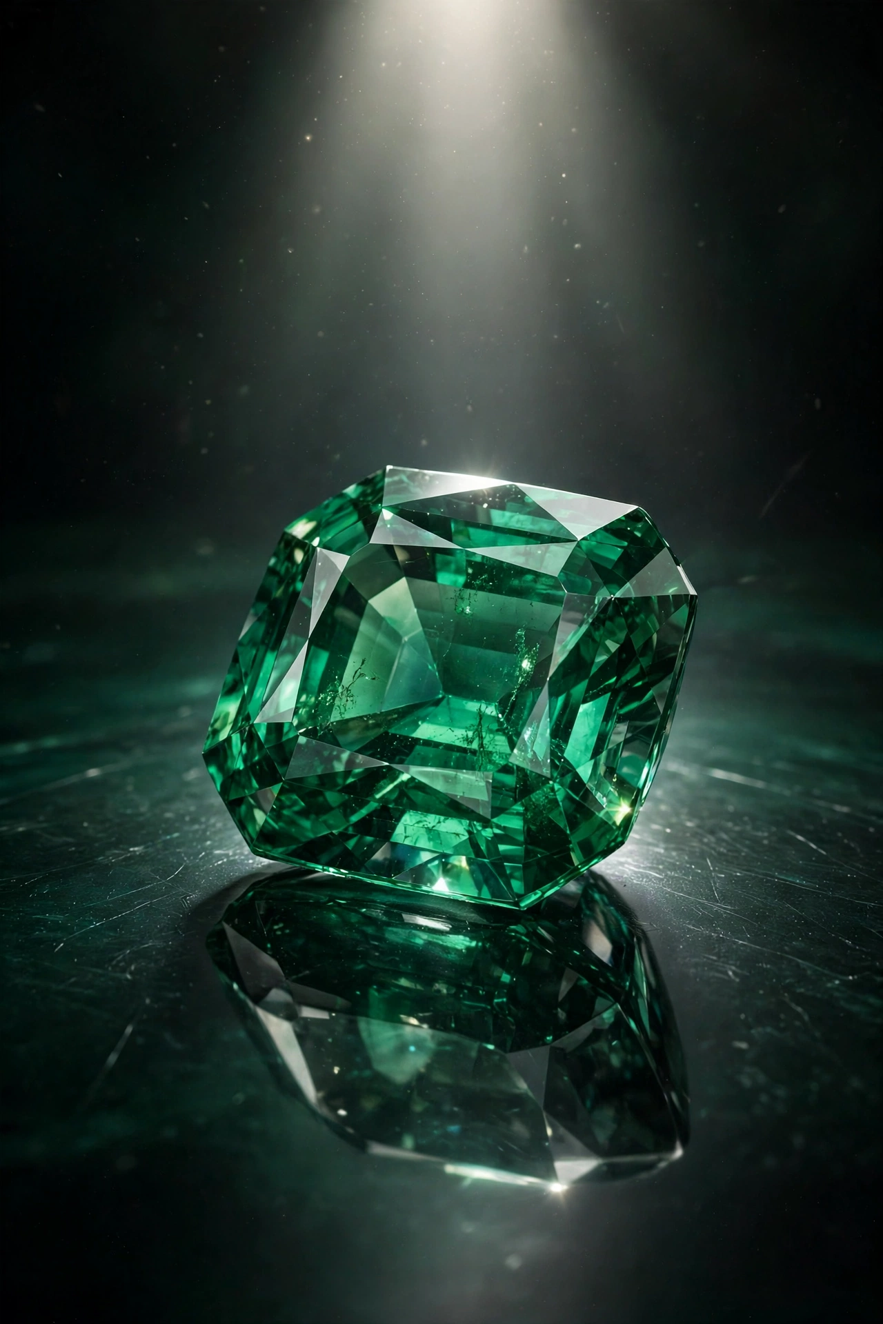 A cushion-cut emerald under a single beam of light — Verde Atelier concept imagery by Mir Labs